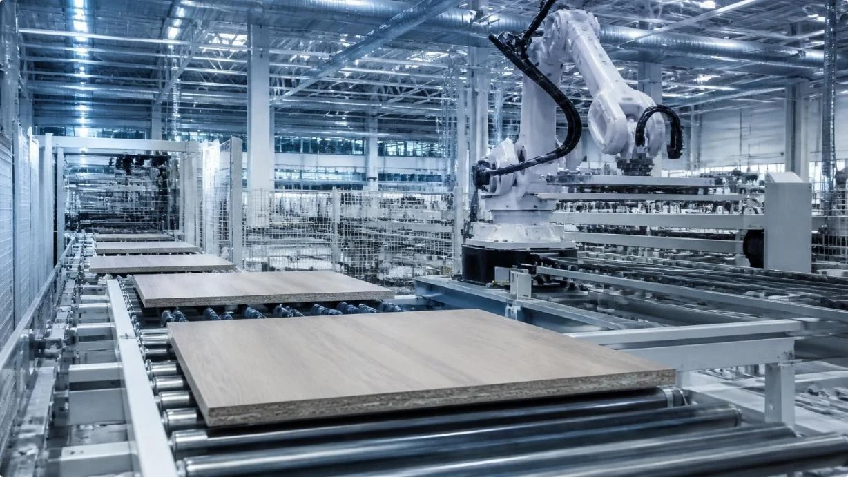 Industrielle Verarbeitung von Holzwerkstoffplatten.