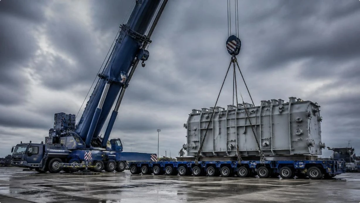 Mobiler Schwerlastkran und modularer Schwerlasttransporter im industriellen Umfeld.
