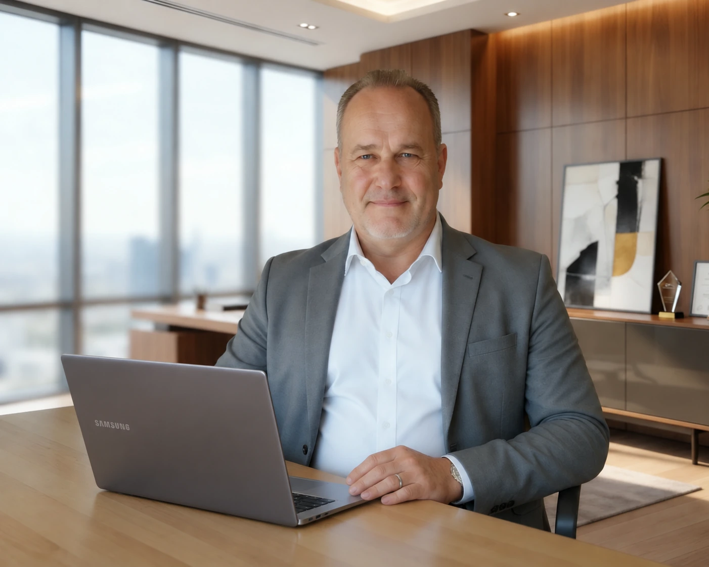 Andreas Kersten am Besprechungstisch mit einem Samsung-Laptop.